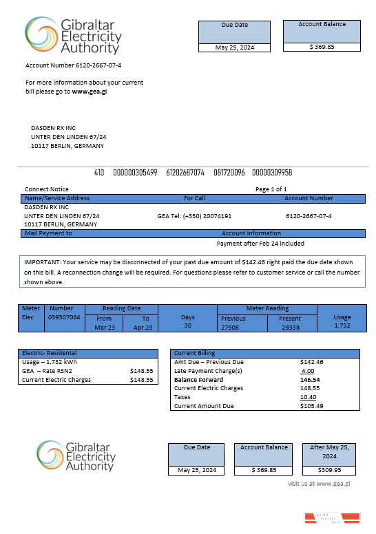 Gibraltar Electricity Authority business utility bill Word and PDF template PSD template